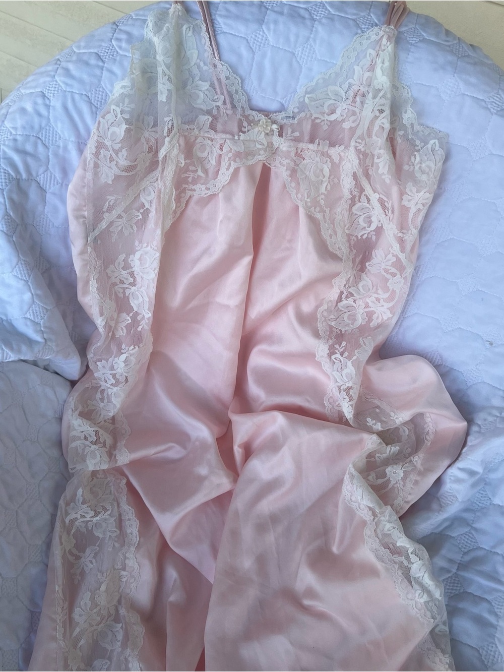 Vintage 80s Pink Floral Lace Satin Slip Nightgown Dress Medium - EVC